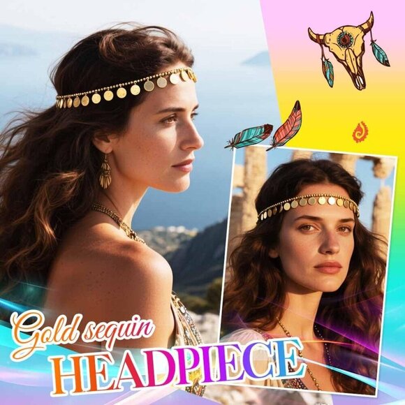 Sequins Head Chain Gold Festival Boho Headpiece for Women Girls One Size main image 5